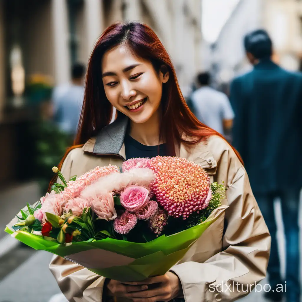 A woman given flowers as a gift by a person in street