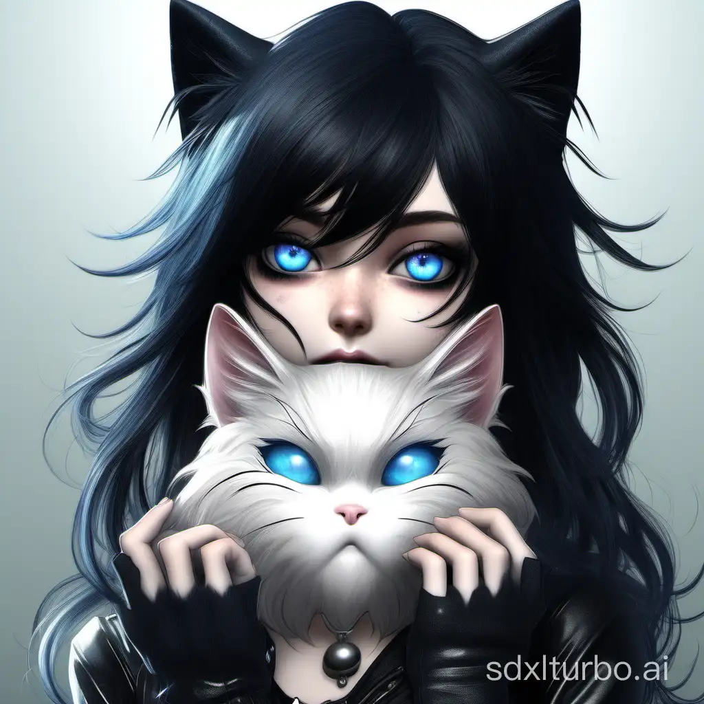 The ultra-realistic furry cat girl, with black hair and blue eyes, turns her body towards the camera, her eyes carrying a playful gaze, gothic style.