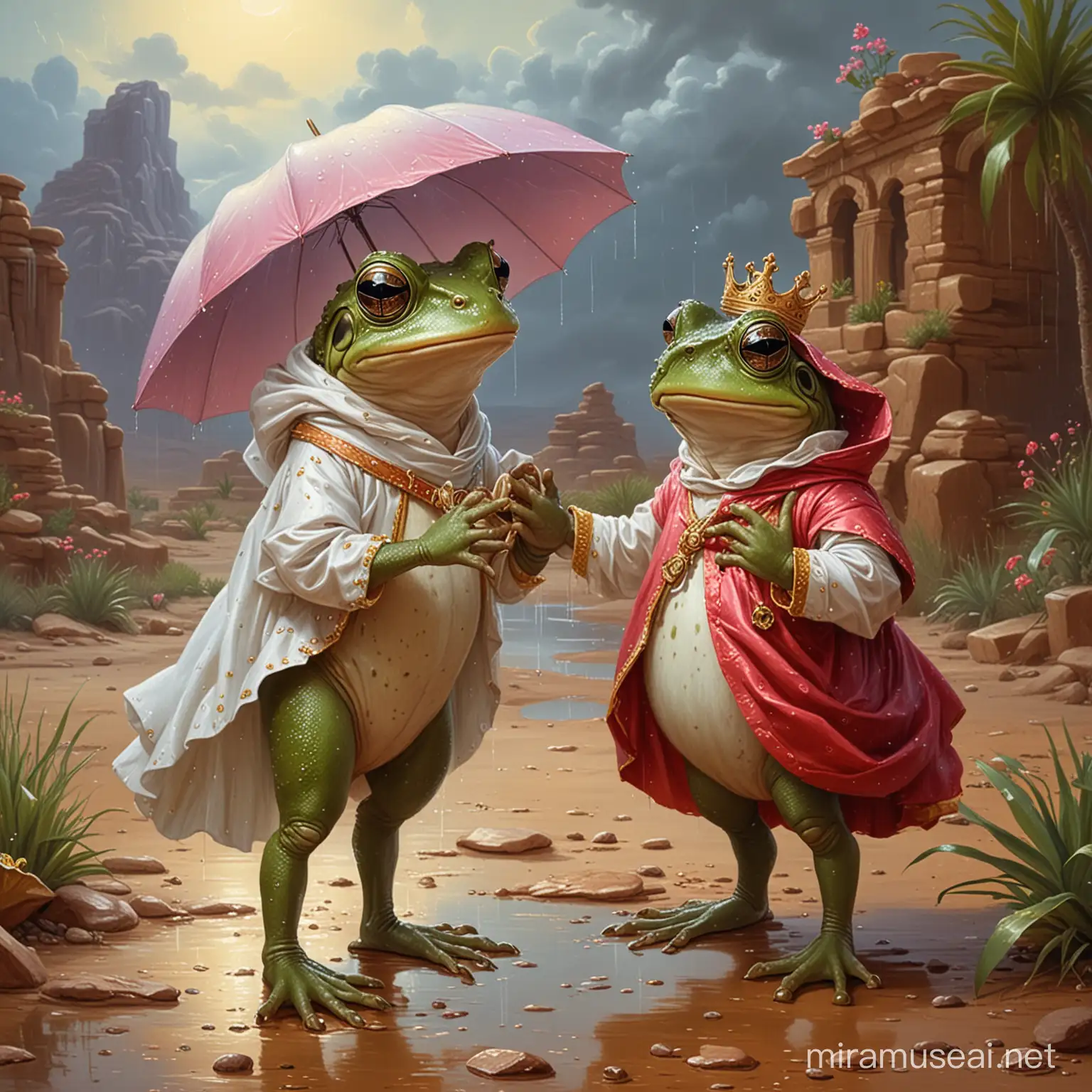 oil painting vintage cartoon little Desert rain frogs play the roles of Romeo(with a prince outfit) and Juliet(with a princess dress).