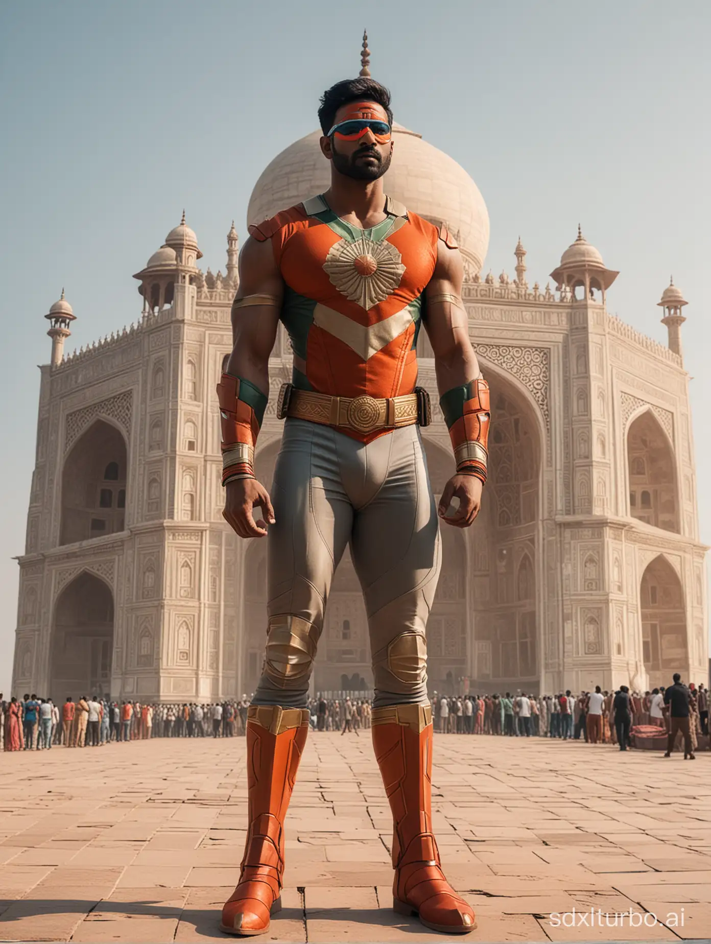 A futuristic Indian superhero with a costume based on Indian flag colors standing near the Taj Mahal