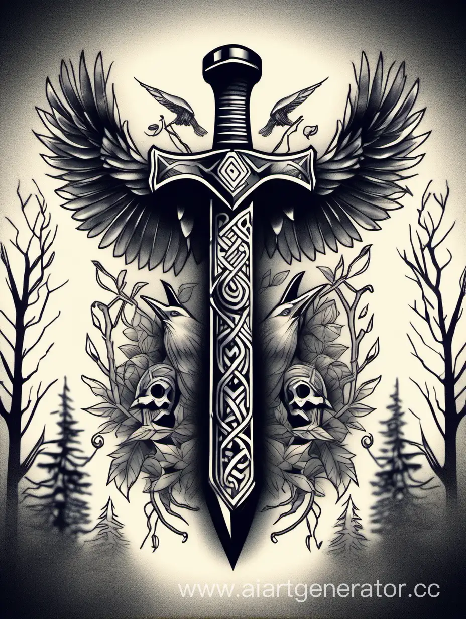 Сгенерируй картинку эскиза татуировки в стиле языческой мифологии, бог, топор, молот, лес, ворон, fullhd, 4k,
