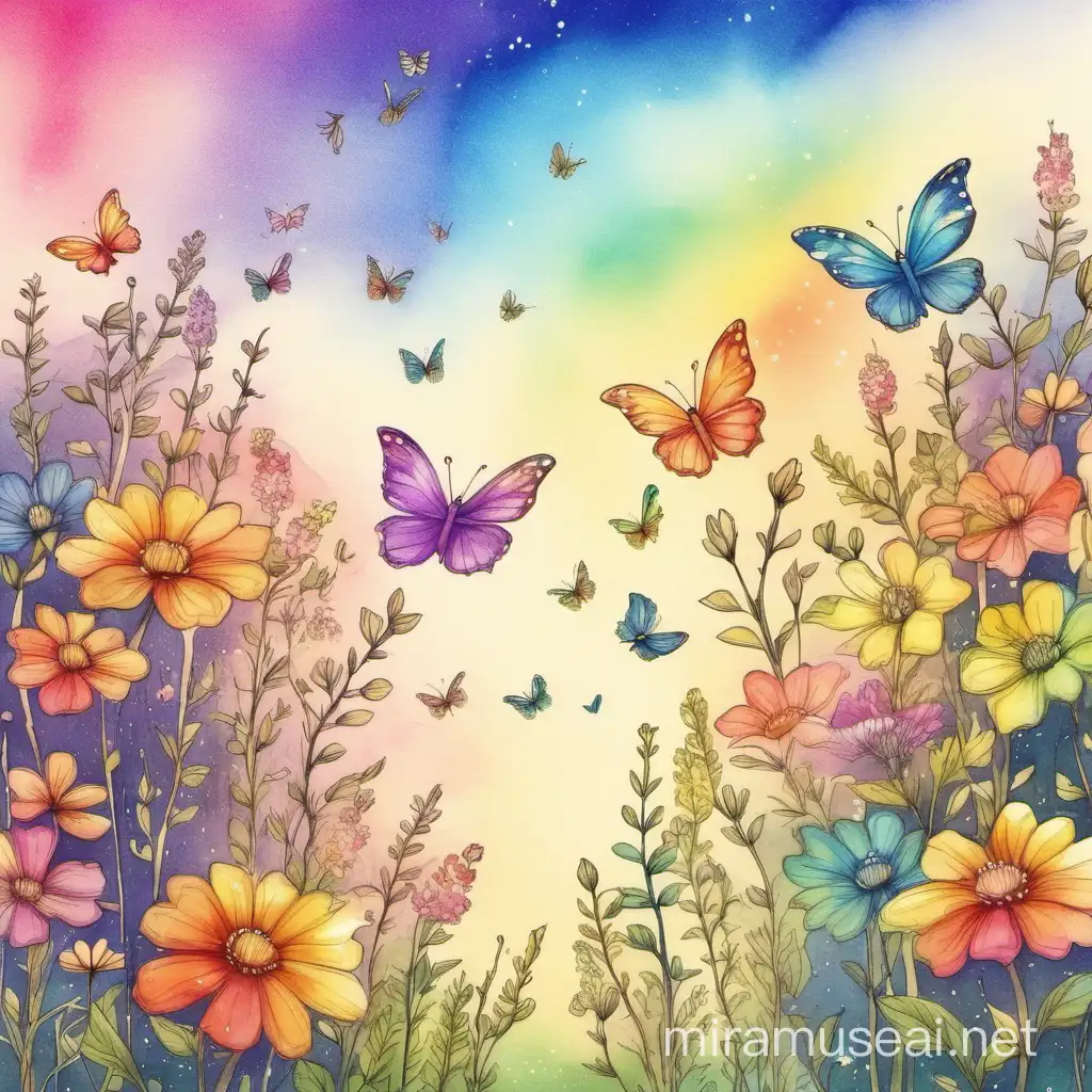 Watercolor Spring Rainbow Sky with Flowers and Butterflies