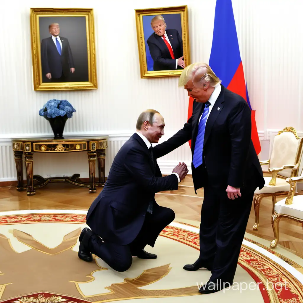 Trump kneels in front of Putin, with a smile on his face