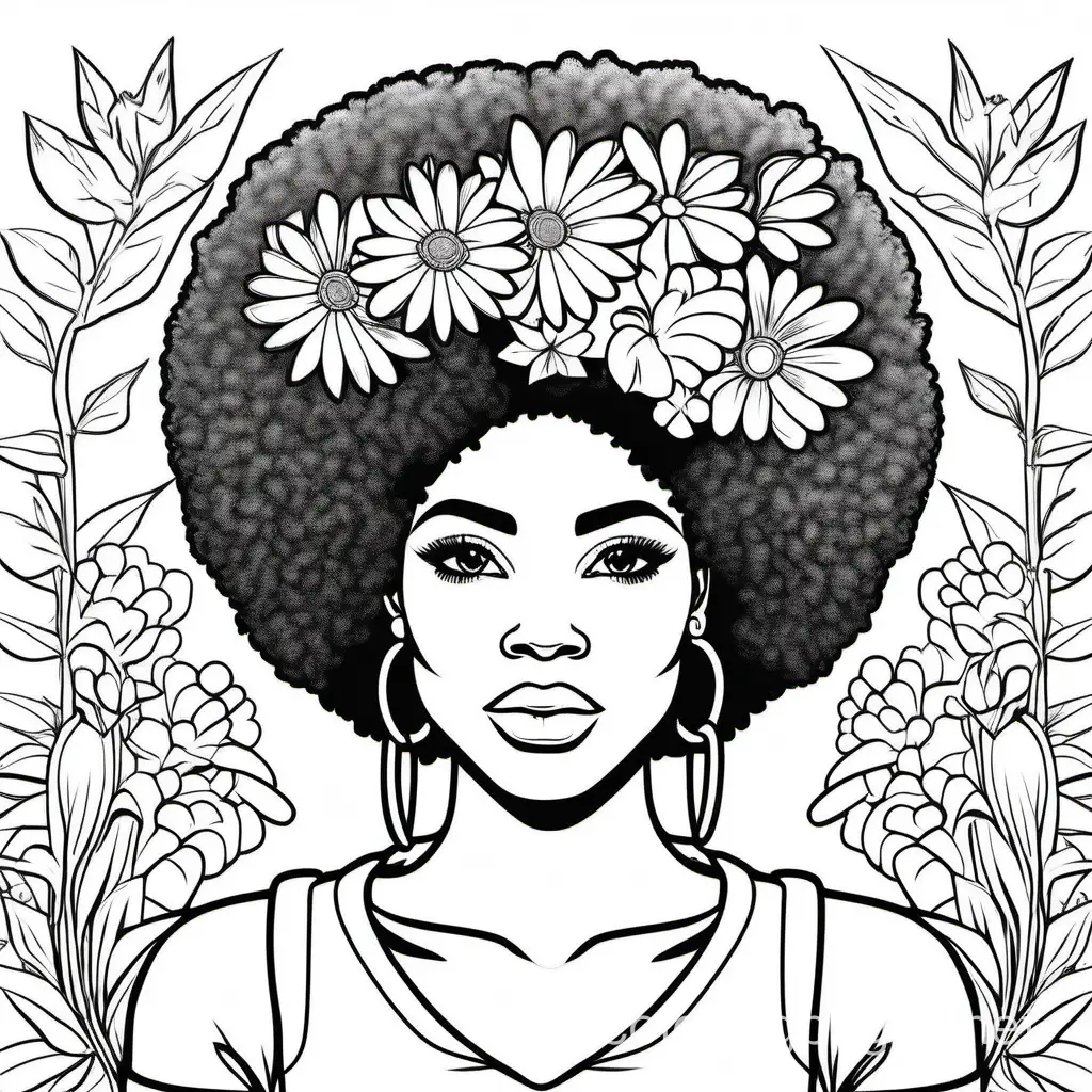 Beautiful african american woman with flower afro in college, Coloring Page, black and white, line art, white background, Simplicity, Ample White Space. The background of the coloring page is plain white to make it easy for young children to color within the lines. The outlines of all the subjects are easy to distinguish, making it simple for kids to color without too much difficulty