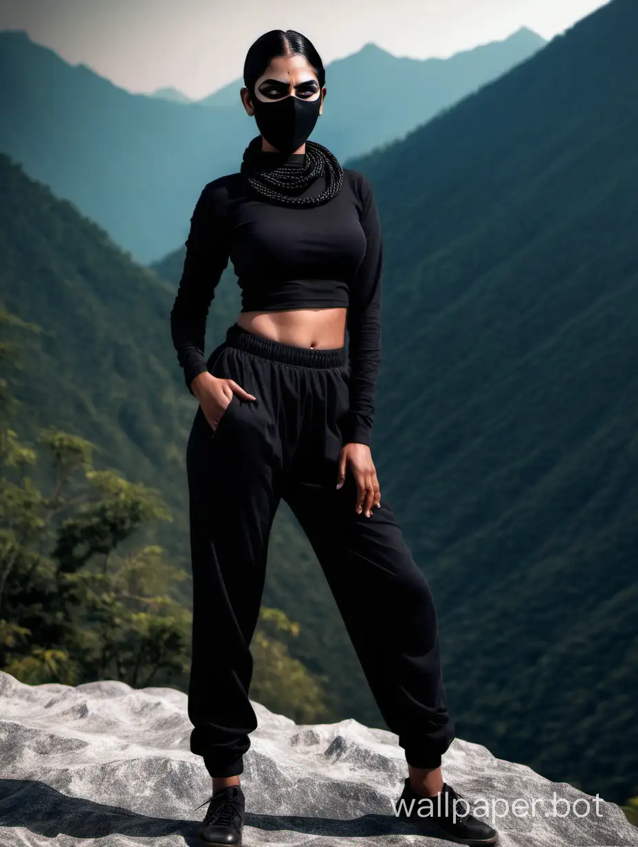 Indian women, short braided black hair, full black mask and black pant, full body, dark mountain background