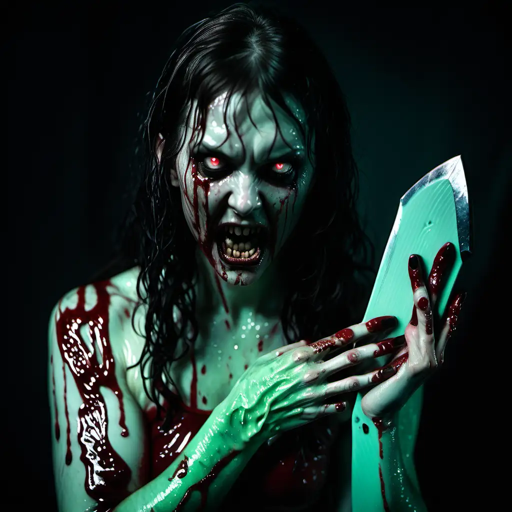 Eerie Exorcist Creepy Woman with Bloody Axe in Mint Green Light