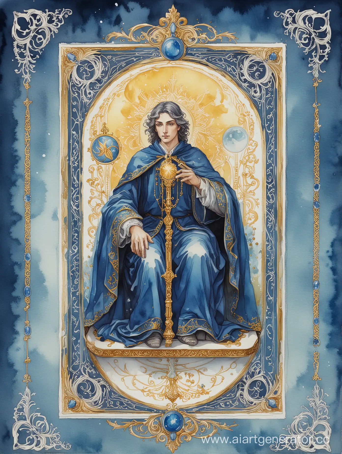 Blue-and-White-Watercolor-Tarot-Card-with-Gold-Filigree-Ornament-The-Magician-Sitting-on-Marble-Throne