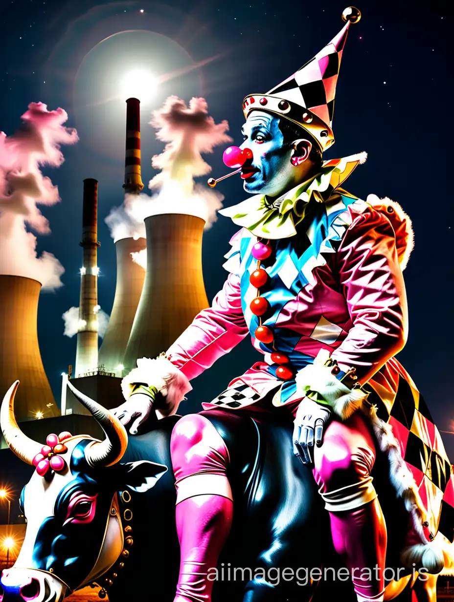 I want a photo which represents a king dressed in a harlequin costume. He is sitting on the back of a bull. He has a big pink nose and a hat with sleigh bells. Four fairies are flying over him. In the background, we can see a nuclear plant and under the moonlight.