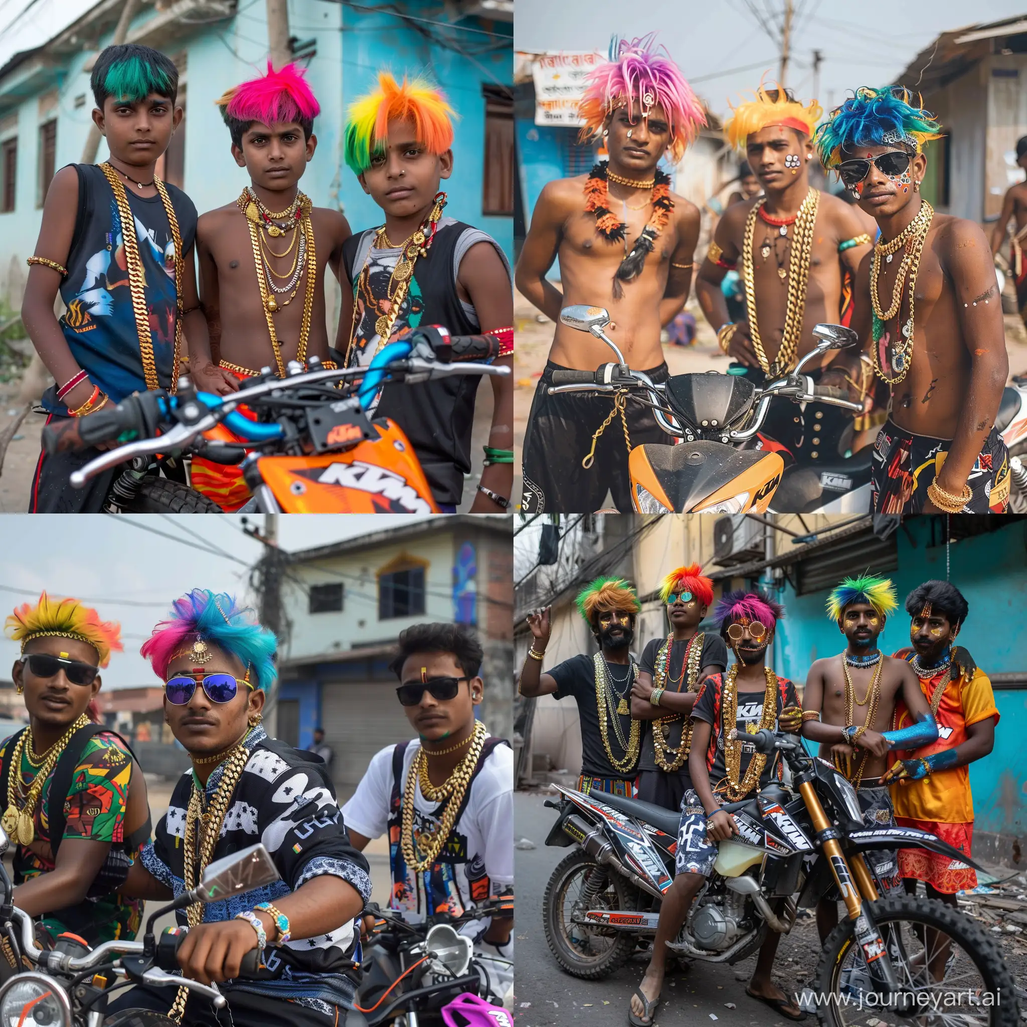 Indian chapri boys gang, with chapri style colourful hairs and fake gold chains with KTM bike