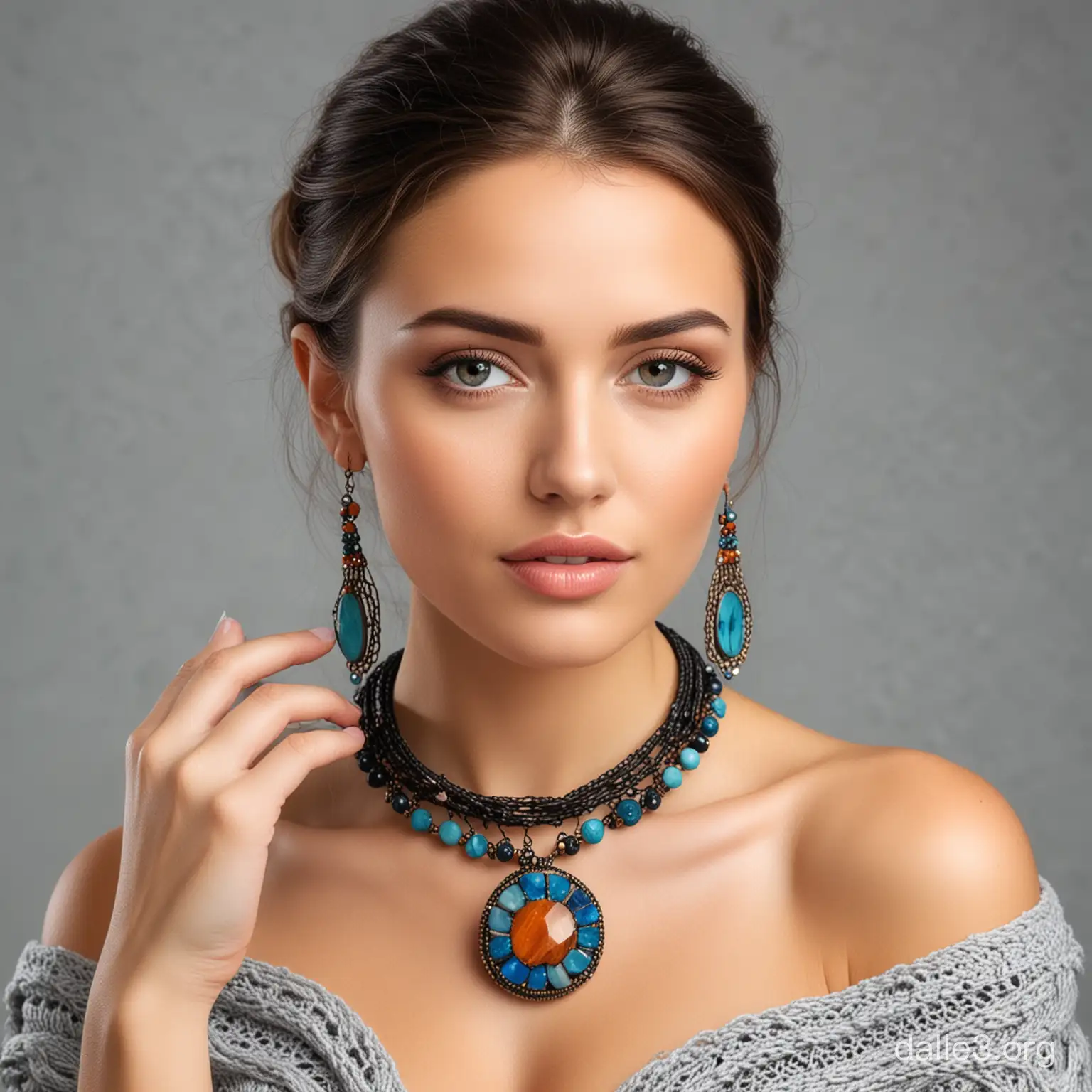 Elegant Woman Wearing Handmade Natural Stone Jewelry | Dalle3AI