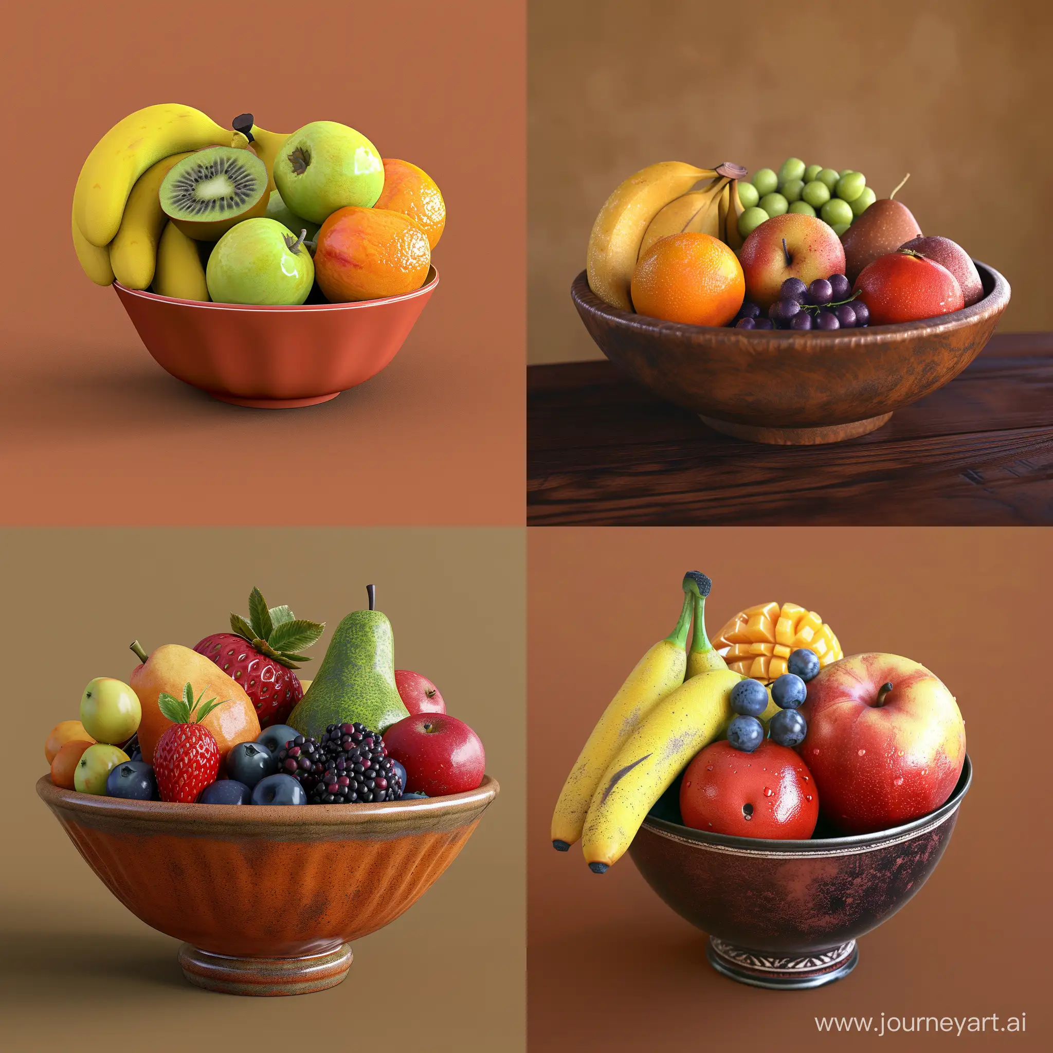 Bowl with fruits rustic, ocre colors, brown background realistic style 3d