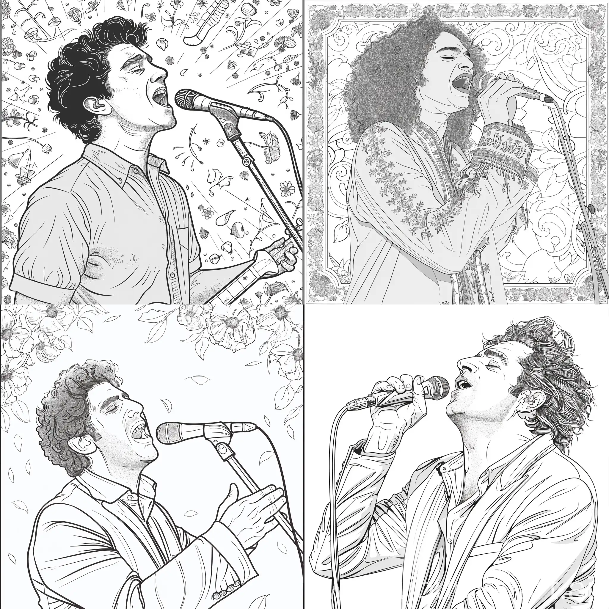 A coloring page of the Israeli singer Yizhar Cohen singing the song Avnivi

