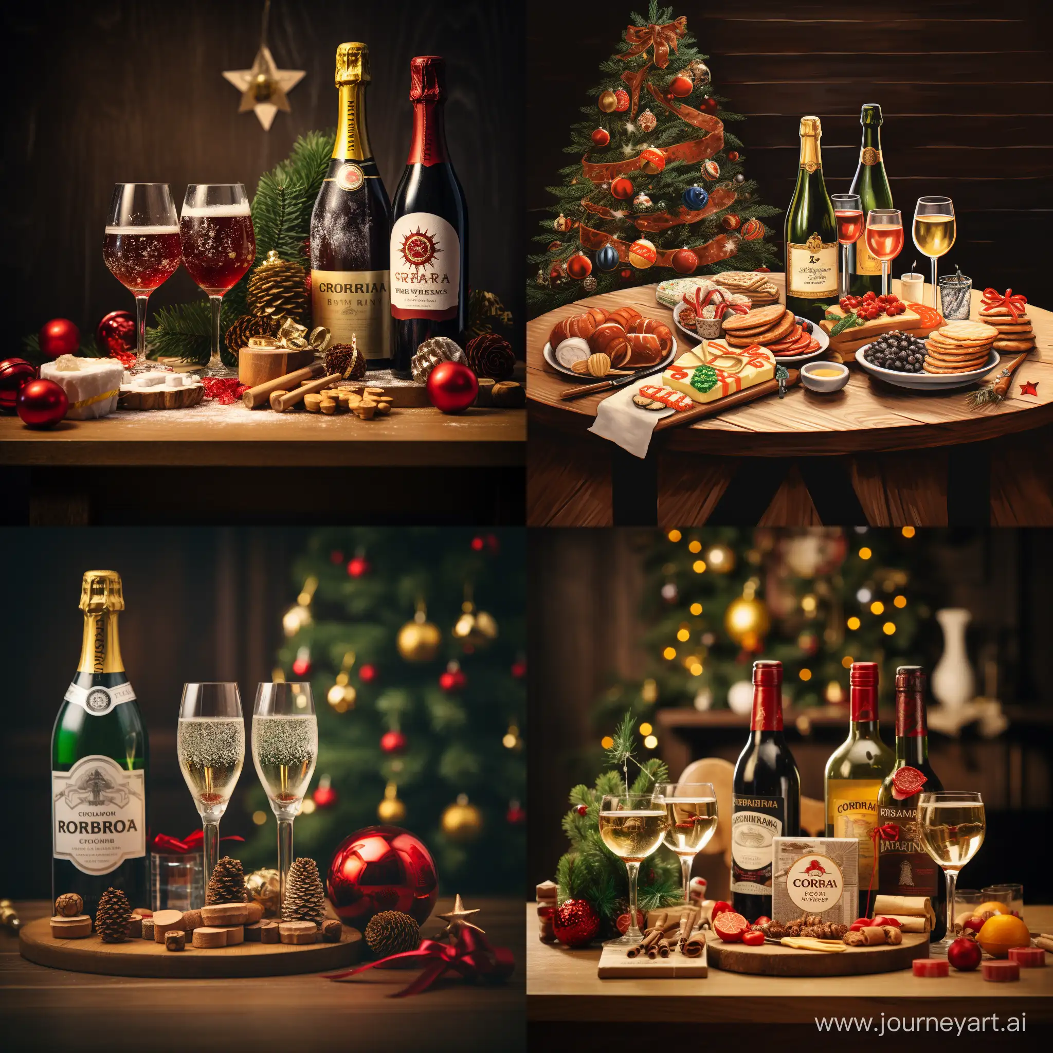 create christmas greeting card for Rotary club Ljubljana Carniola, please include christmas tree, wooden desk with some Prosciutto and cheese on it, three glases of red wine, two glases of white wine, two glases of champagne, big bottle of champagne, rotary international logo