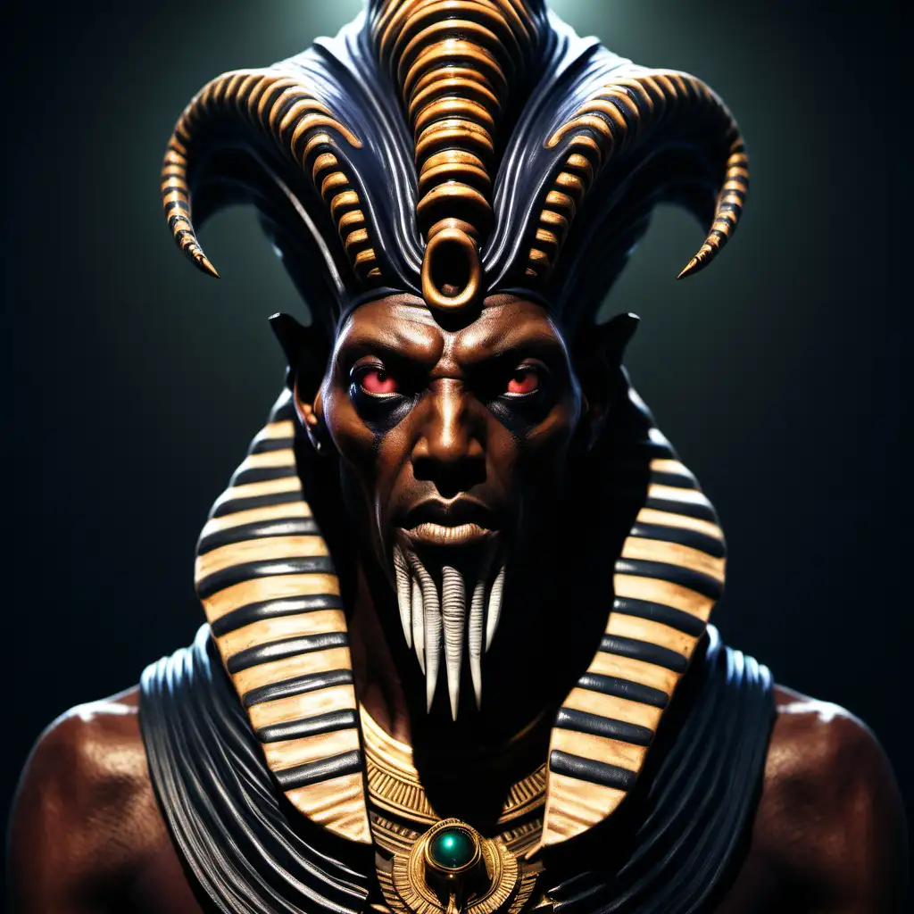 Full colour image. Realistic. Nyarlathotep in his appearence as The Black Pharaoh.