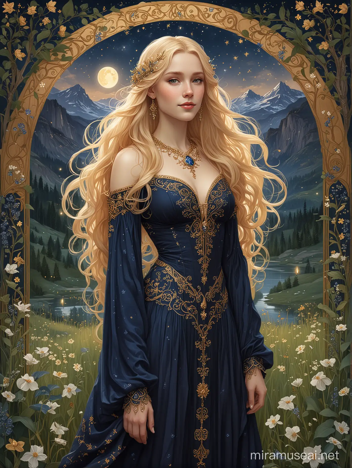Enchanting Elf with Flowing Blonde Hair and Ornate Jewelry in Moonlit Birch Grove
