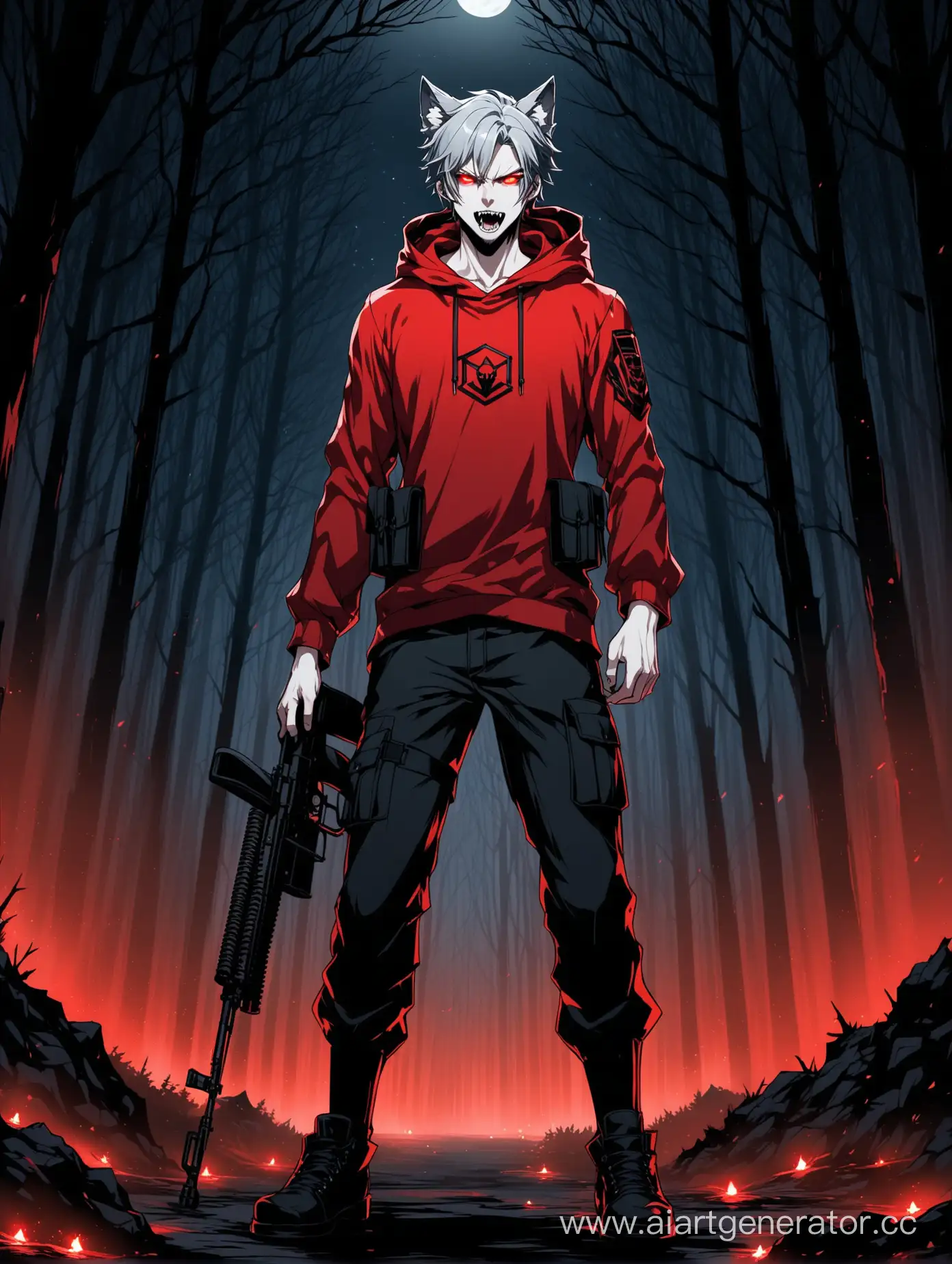  grey hair, wolf ears, short hair, male, glowing eyes, slim face, angular and fierce facial features, big fangs, pale skin, mid 20s, black military pants, red hoodie with hexagonal black metal pieces, black coat, rifle colored in black and red, night, forest, full height