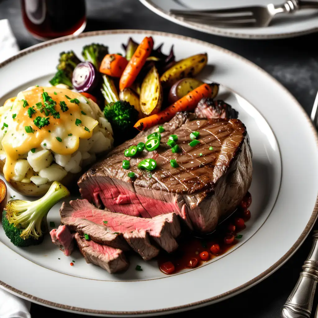 A picture of a plate with a super juicy huge steak, a loaded baked potato, fancy vegetables. Have a napkin and all the silverware next to the plate. Make the lighting as tempting as possible.