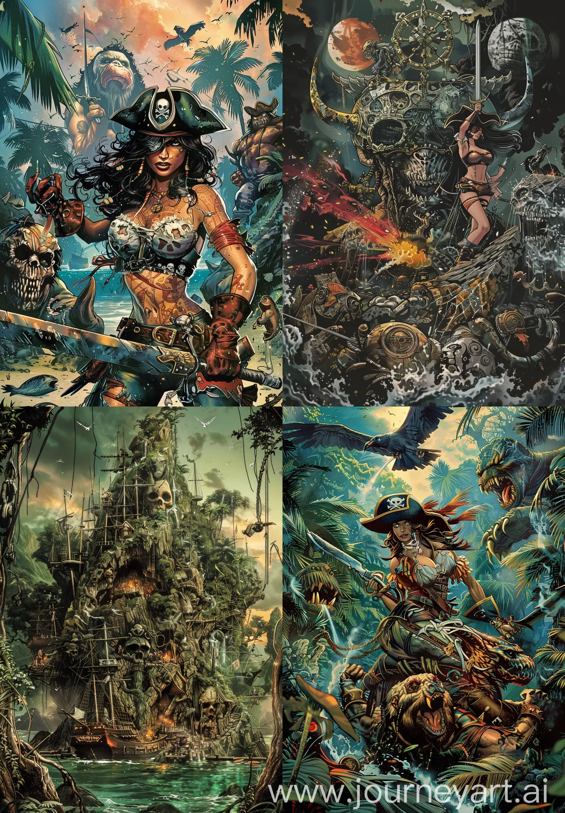 The journey of a pirate gang led by a beautiful and brave female captain to the mysterious Skull Island in search of treasure, intricate details, Jim Lee style, comic book cover style,, --ar 9:13 --v 6.0 --s 60