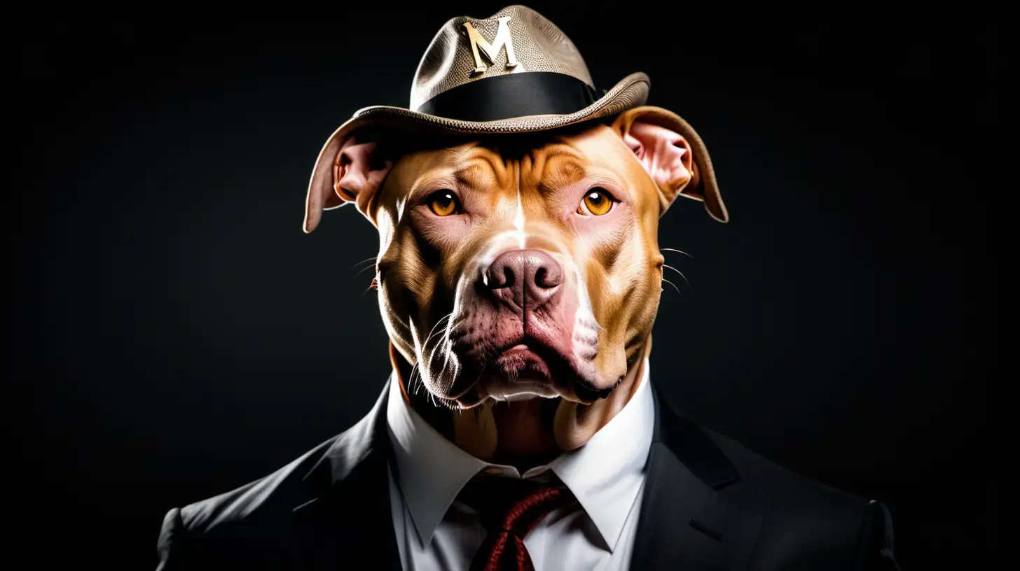 light brown pitbull as a mob boss with moody contrast. Explore the characteristics that make this canine kingpin stand out - from its physical appearance, attire, and demeanor. Bring this unconventional mob boss to life in a portrait.