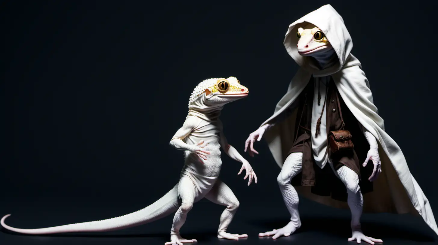 A bipedal gecko, as if hybridized with a human. Her white scaly skin is super detailed. He wears a hooded cloak and holds a rat puppet. 