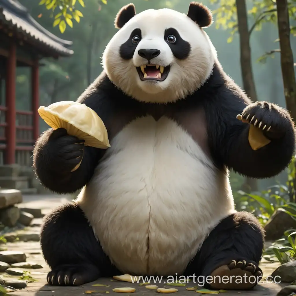 гигантская панда, фанат бойцовского клуба, мастер кунг-фу,  неуклюжий, сначала слабый потом сильный, молодой, наивный, добрый, герой, глуповатый, отец гусь, любит пельмени