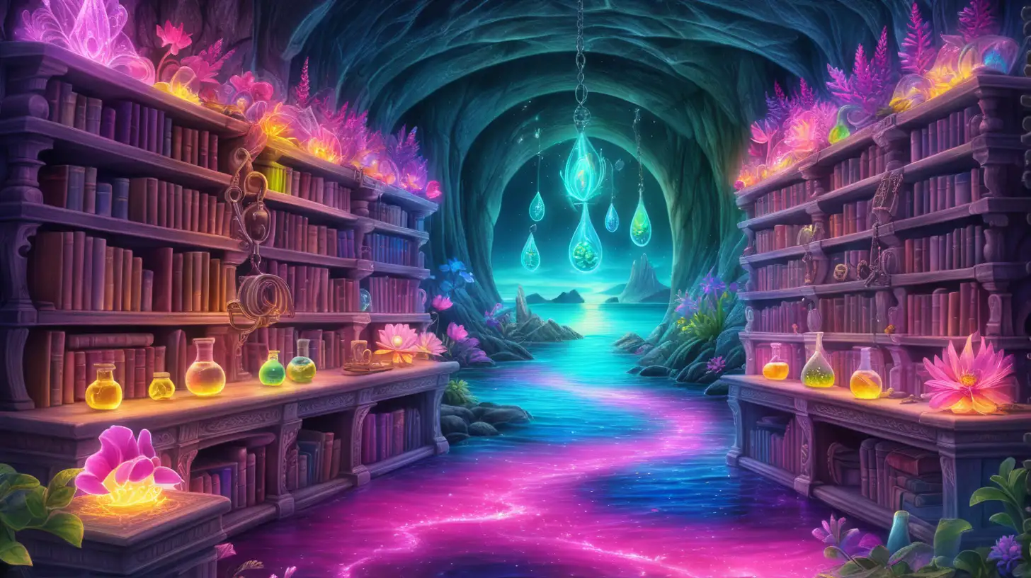 white bookshelves with potions creates path to fairytale magical bright-green-pink-yellow-blue-purple glowing flowers in a glowing bright pink river and ocean side with blue-fire lava and magical glowing keys and cogs growing out of it