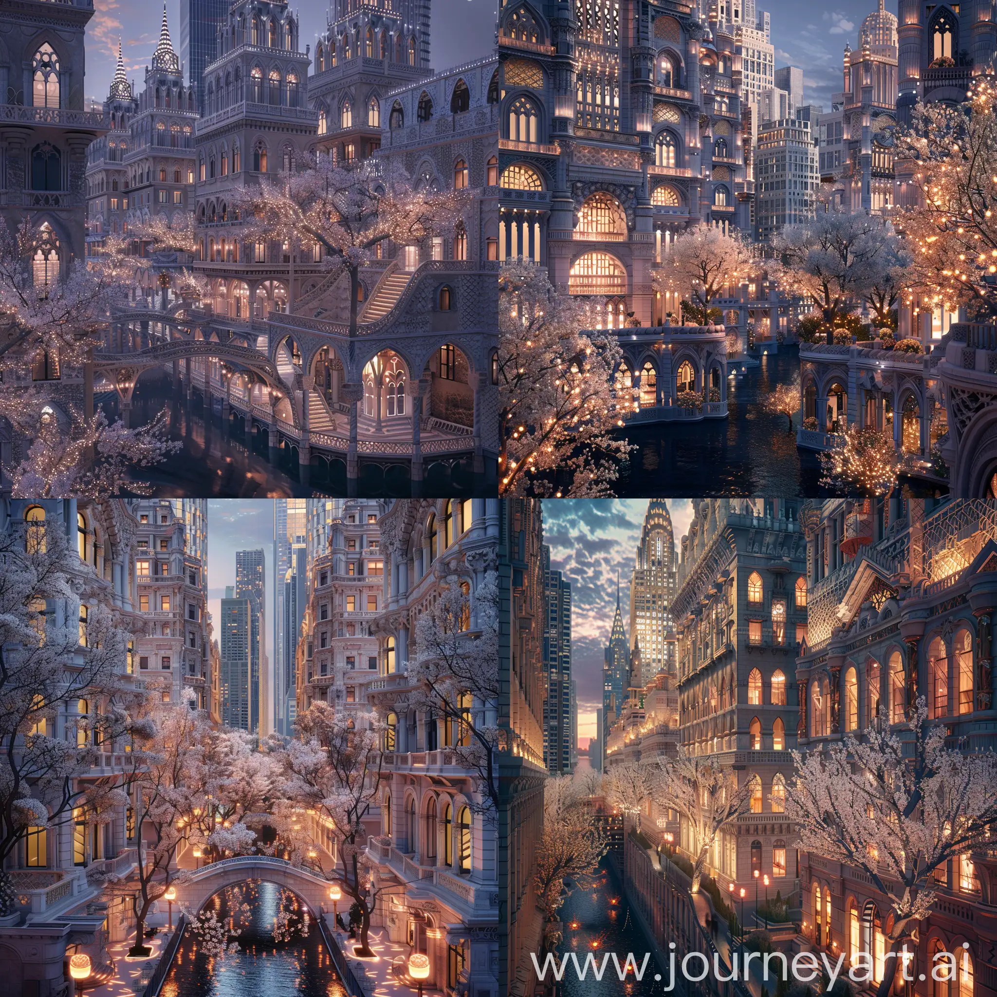 Beautiful futuristic New York City in an alternate timeline where all buildings retain traditional elements, ornate travertine architecture with scale-like patterns on facades and illuminated blossoming trees, monumental terraced buildings, canals, photograph