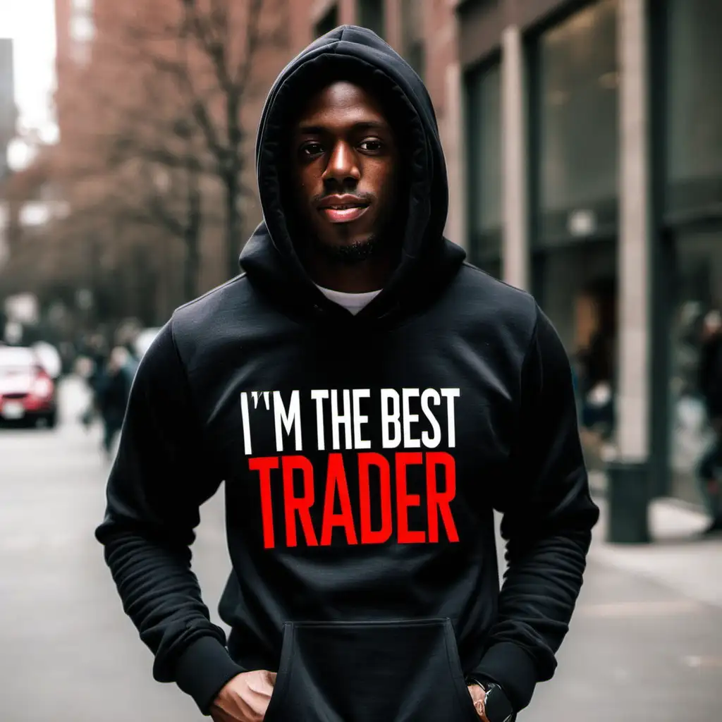 Black man in a hoodie with the hoodie saying I'm the best trader with Jordan's on his feet
