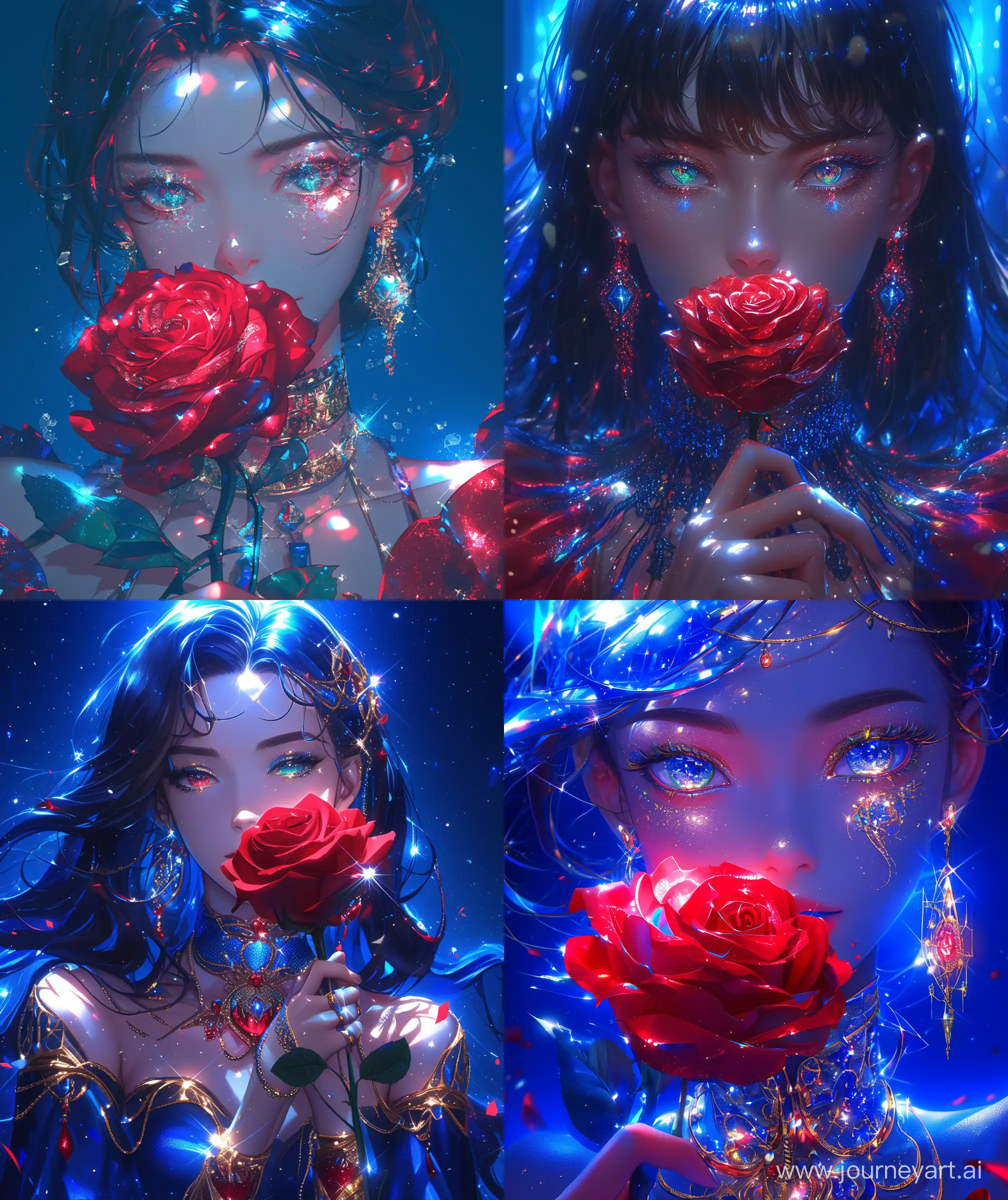 Anime style woman, blue ambience, glossy shiny look, beautiful woman wearing red and blue jewelry, beautiful shiny mix eye color lens, holding a red rose in front of her, glassy rose, glittering ambience, ultra hd, High quality, upper body, laminating light --ar 27:32 --niji 6