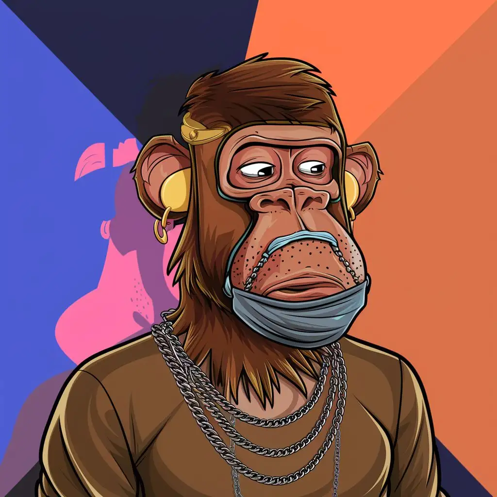 I want you to create a custom bored ape artwork NFT I want the artwork to look like this, but it should have a brown skin, earrings, chains around it's neck and a face mask with one coulor in the backround