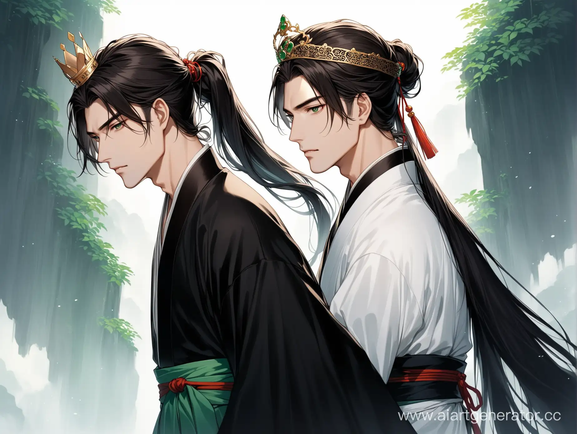 (Two graceful men), in white and black hanfu, noble appearance, beautiful eyes, one man's hair is tied up high in ponytail, cascading down his back, while the other's long dark hair tied up with jade crown