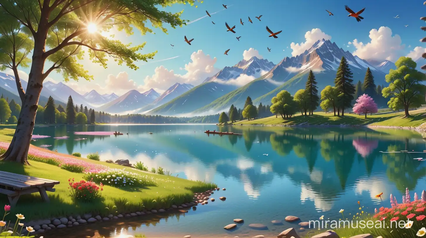 idylischer Bergsee, umgeben von einer Blumenwiesen, drei Vögel fliegen, Sonne scheint, vereinzelt Wolken, großer Baum am Seeufer, eine Decke liegt unter dem Baum im Schatten, keine Wege
