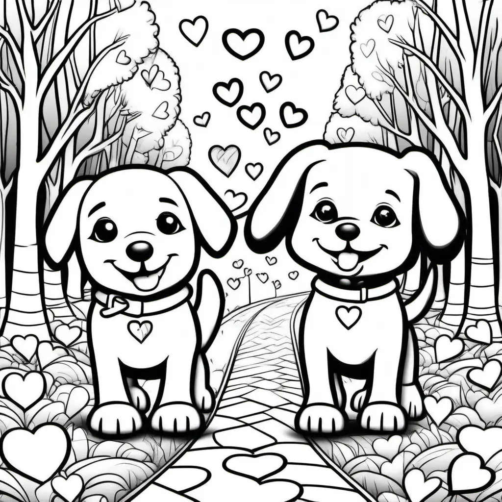 two happy love dogs, walking happily, in the park with hearts all around, dark lines, no color, no shading, coloring pages for kids

