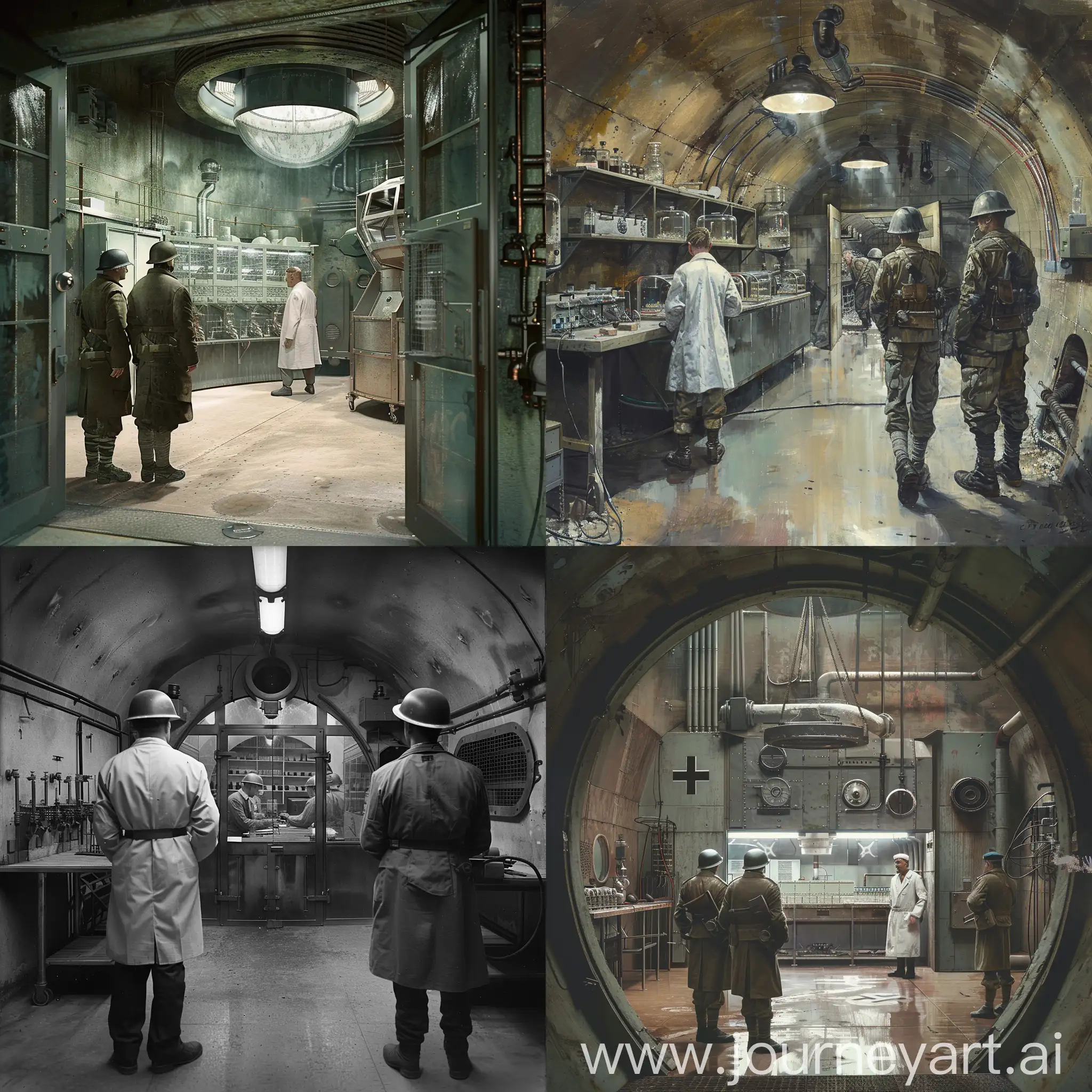 bunker, huge room, laboratory, from the interior you can understand that this is a German laboratory in 1944. Scientists in white coats. Two soldiers of that time are standing at the bunker door. --v 6 --ar 1:1 --no 43724