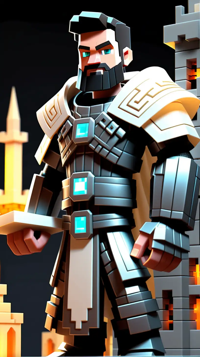 A Minecraft architect, he has a powerful look with short black hair and a short well kept beard, he is wearing dark metal armor covered in many scrolls, he also has a white cape. He is holding in his hands a glowing schematic for a grand castle design.