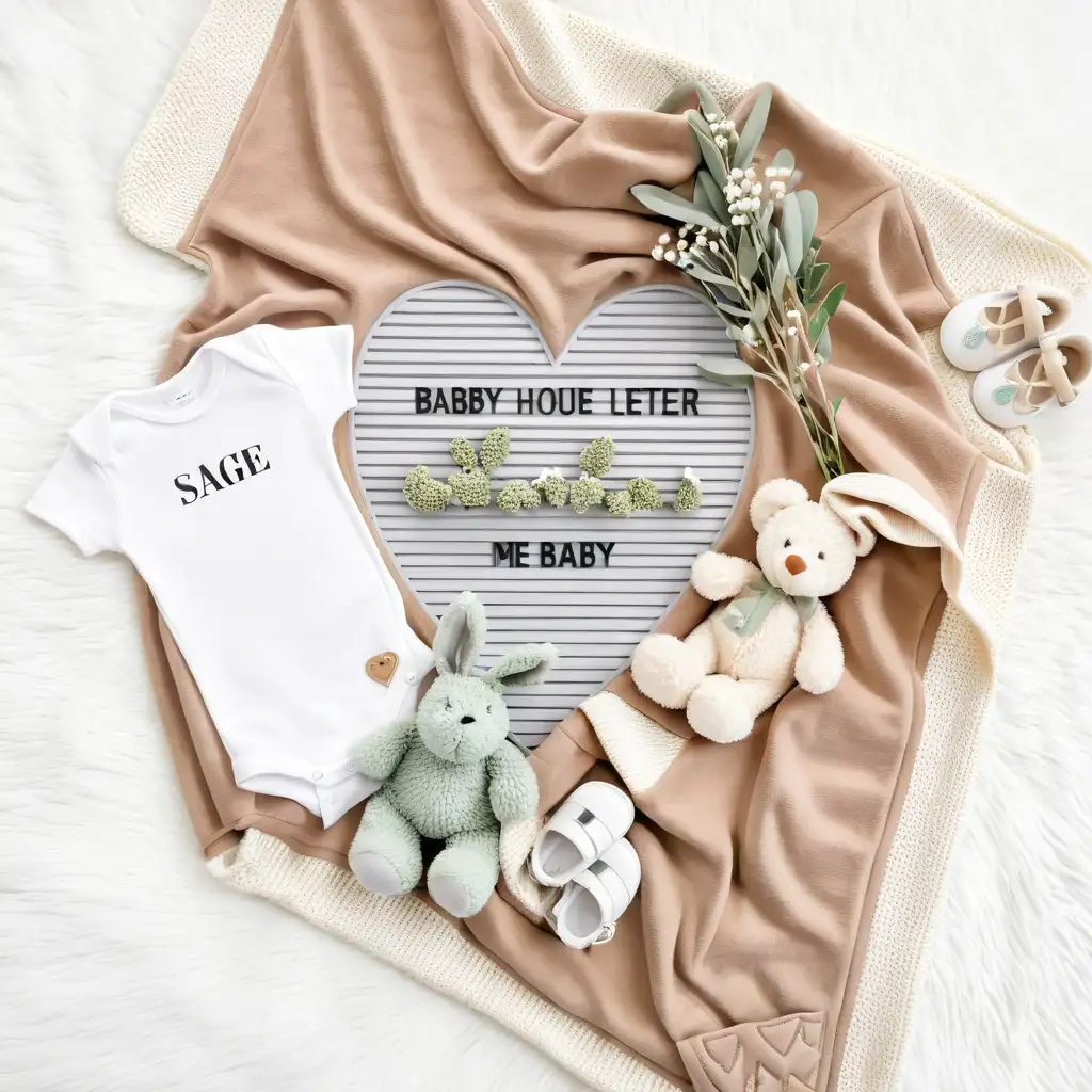 Baby onesie, beanie, baby Blanket, Rabbit teddy, Heart letter board, baby shoes, baby breath flowers, sage green foliage