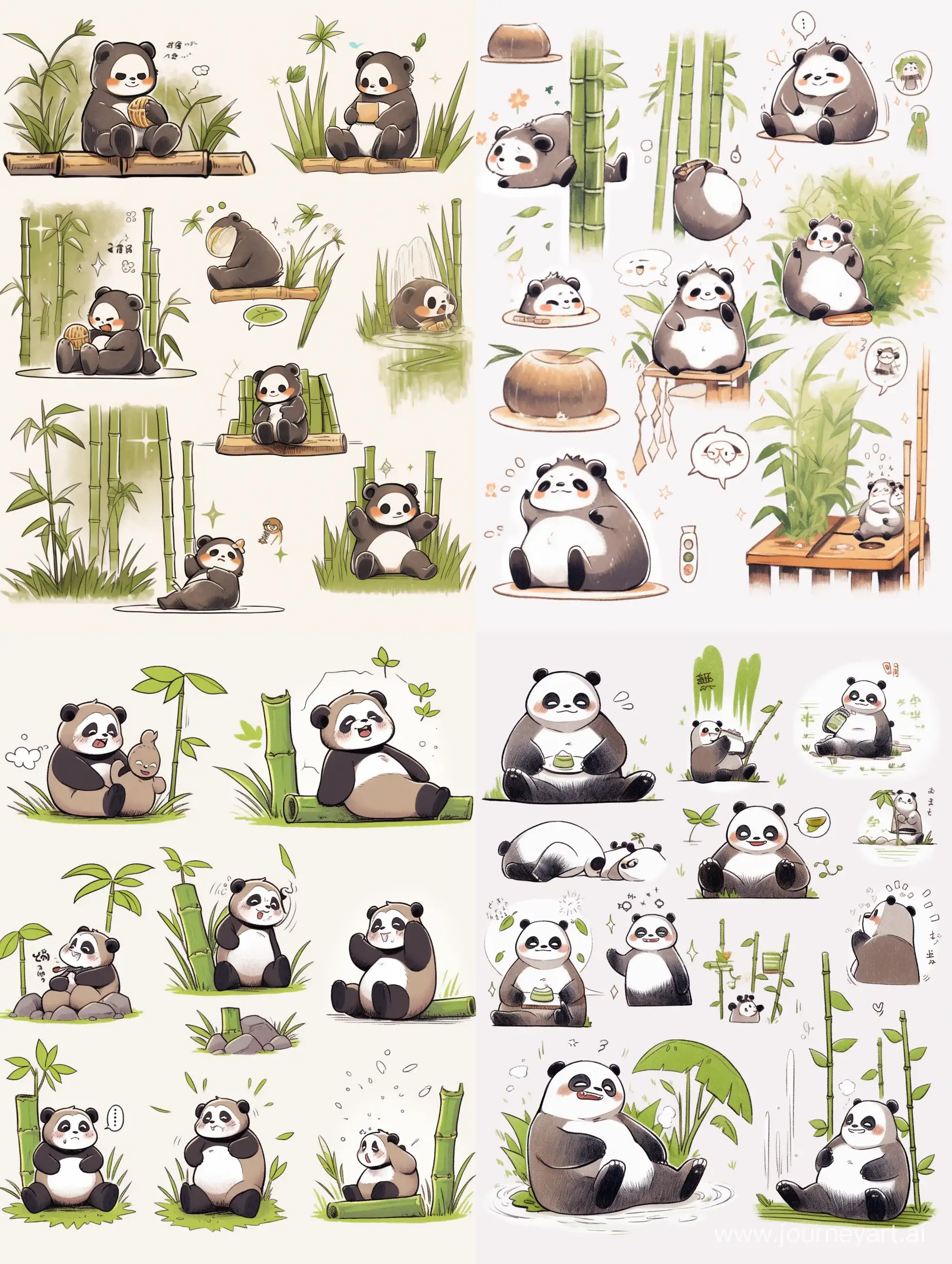 A panda sits next to the green bamboo ,various expressions and movements, exaggerated movements, happiness, surprise, anger, fear, and other emotions, eating, playing, sleeping, and other poses，cute and lovely style，sticker art design,Q version,8k,emoji pack,white background,Exquisite details,Nine Palace Grid Layout,9 different expressions,--niji 5 --ar 3:4
