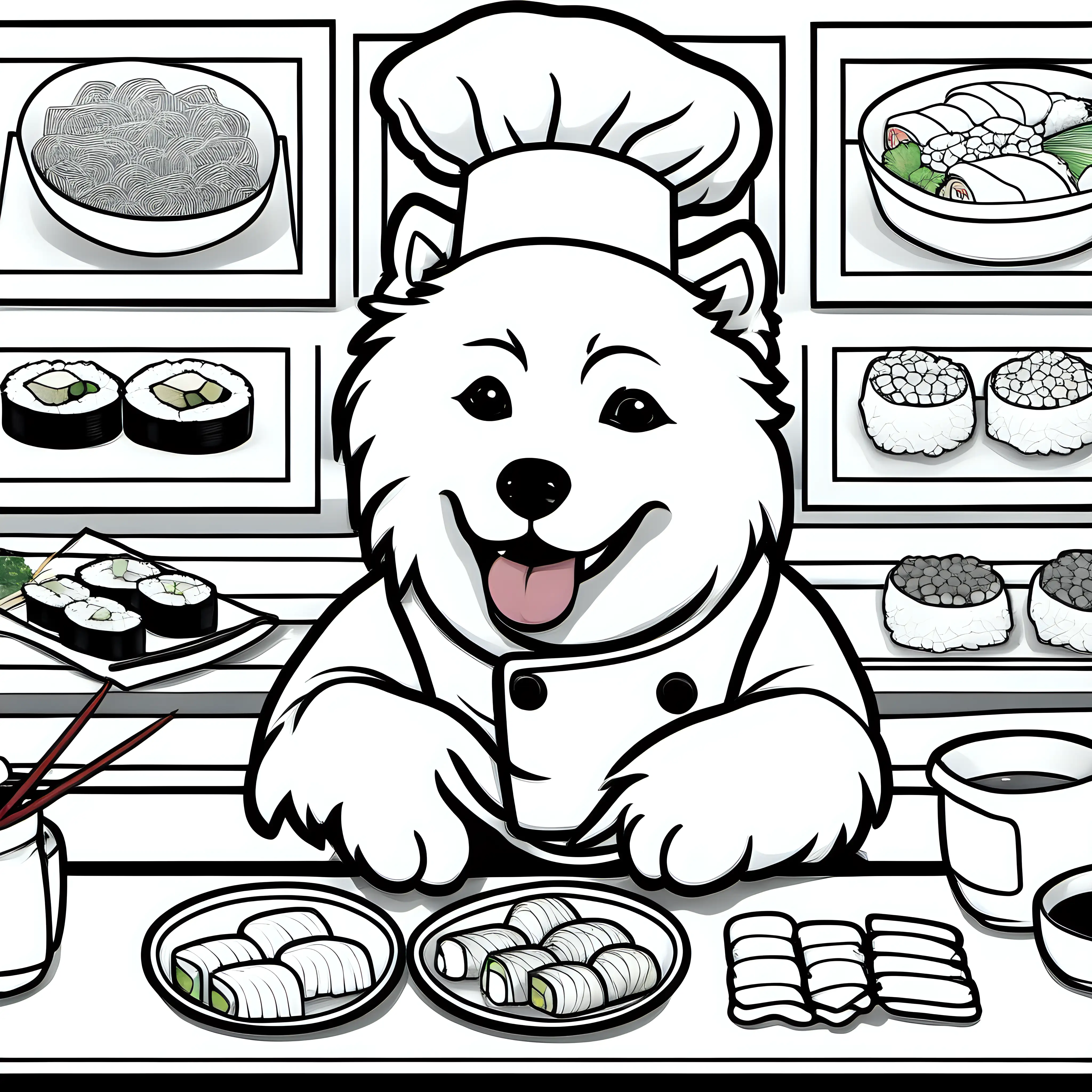 /imagine
a cute Samoyed dog chef, preparing sushi in a Japanese restaurant, for coloring book with black and white lines, crisp lines and white background--ar 17:22
