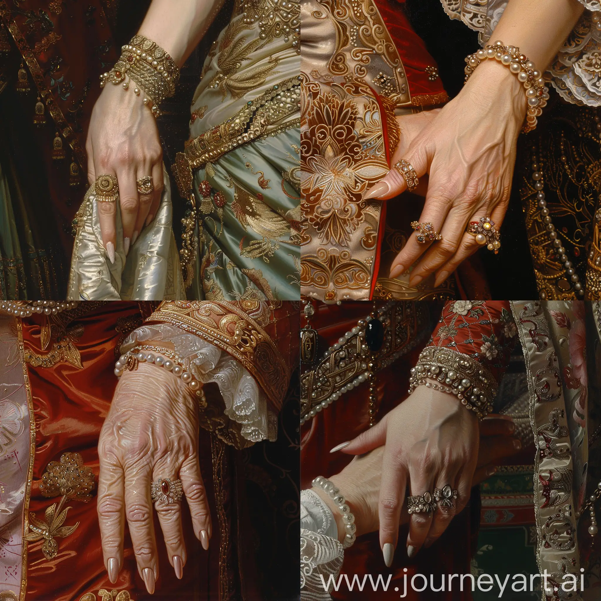 画慈禧太后走路时，手搭在侍女的手臂上的图片，突出她的手，细腻白皙，戴着长长的指甲套，带满了华丽昂贵的珠宝。细节丰富 高清

