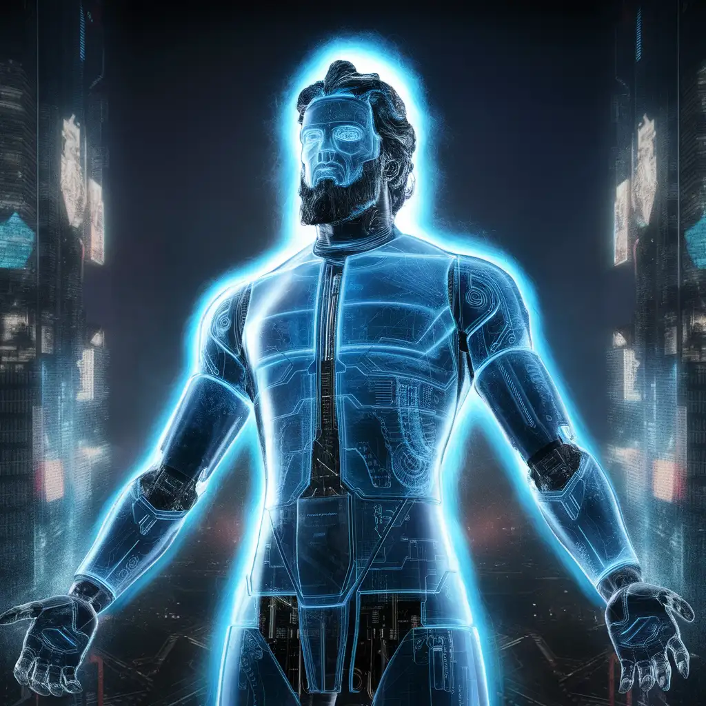 photographic style, virtual god, cybernetic, robot virtual, transparent blue hologram