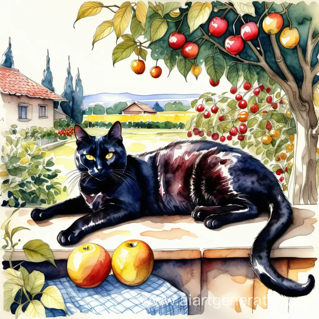 In the garden of a village house a beautiful black cat is lying in the sun. There are fruit trees all around.  Watercolor   ink   colored ink. Sketch, filigree drawing, textured, hyperdetalization, hyperrealism