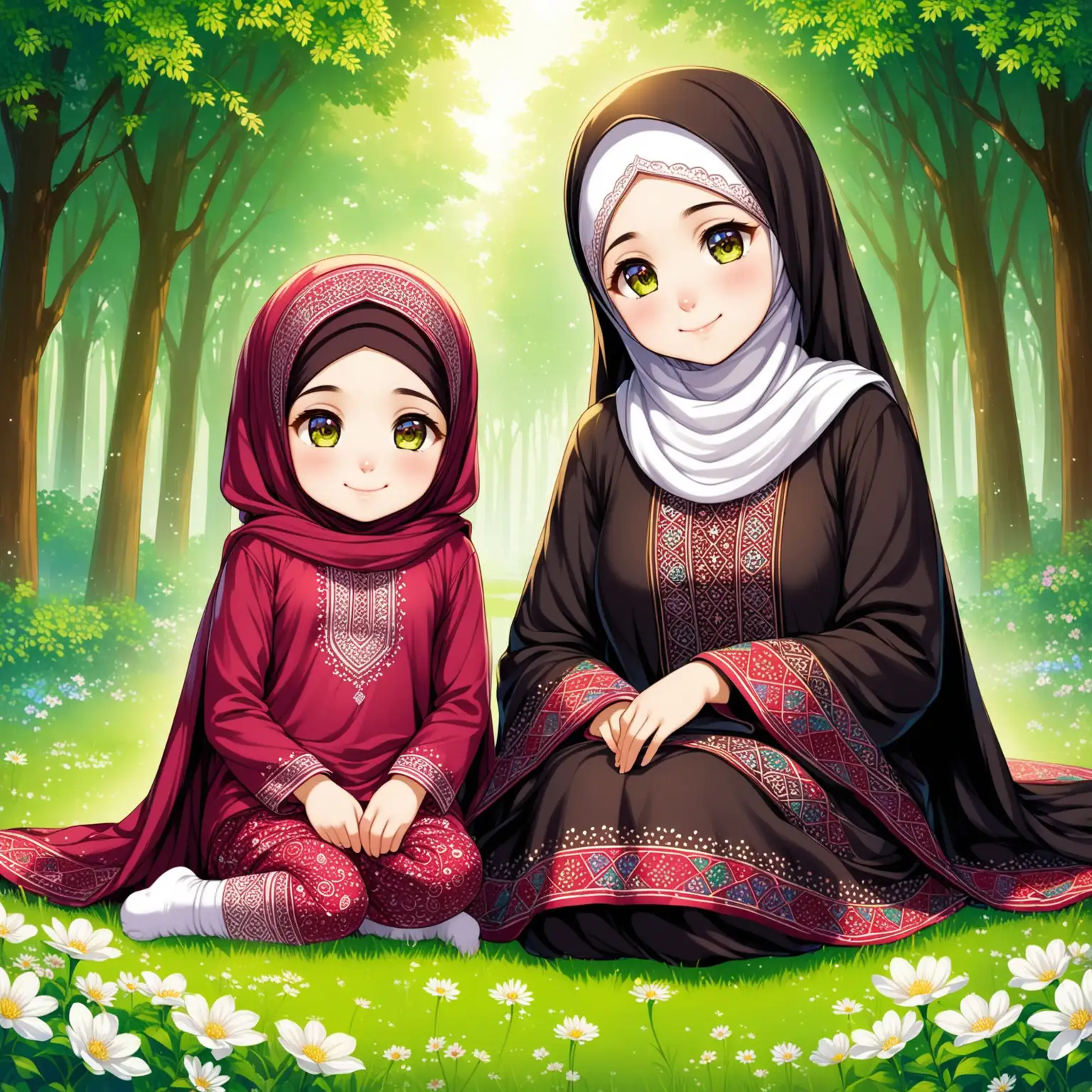 Character 8 years old Persian girl(full height, Muslim, with emphasis no hair out of veil(Hijab), smaller eyes, bigger nose, white skin, cute, smiling, wearing socks, clothes full of Persian designs) named Fatemeh.
Mother of Fatemeh's name is Roqayeh, Roqayeh is wearing chador, veil.
Fatemeh is sitting with her mother Roqayeh politely.

Atmosphere forest, grass flowers, etc...