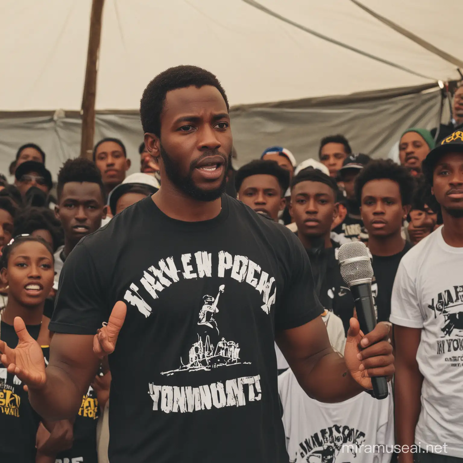 A picture of a black man wearing a t-shirt written TUMANA Nikuletee addressing people holding a microphone in a tent full of black youths