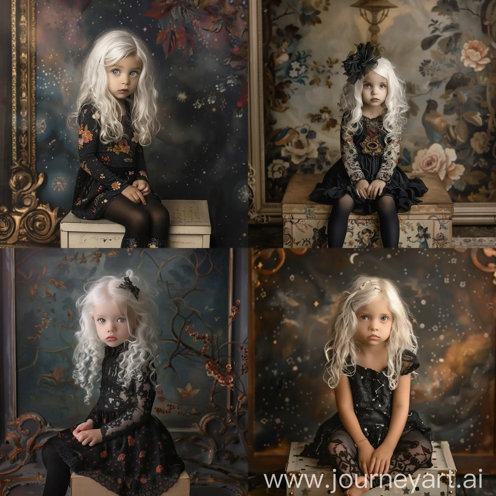A little girl with white hair sits on a box, surreal background,   bohemian gothic fashion,  ultra realistic,  natalie shau style 
