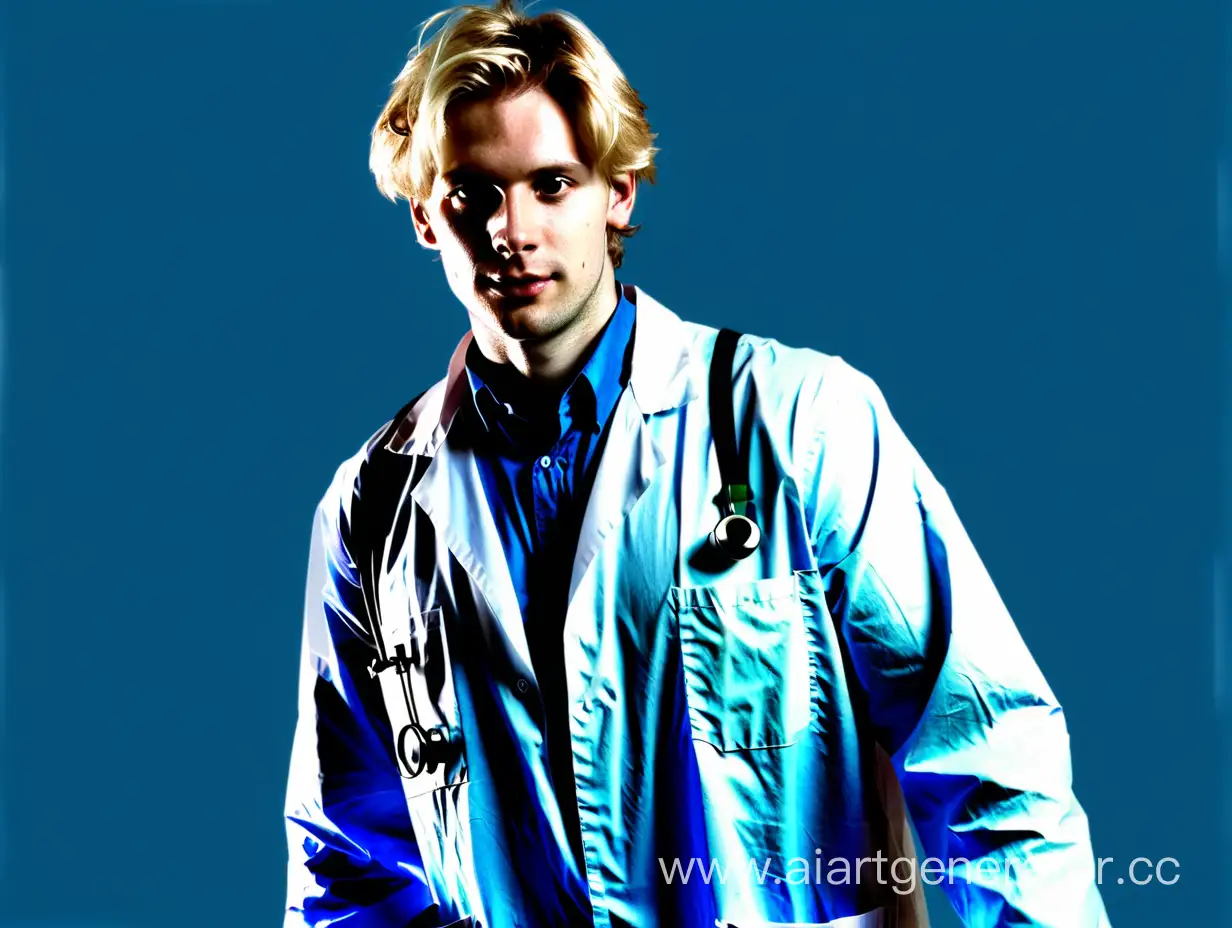 Prompt: A 30-year-old light-haired male scientist is walking towards the camera. The background is blue.


