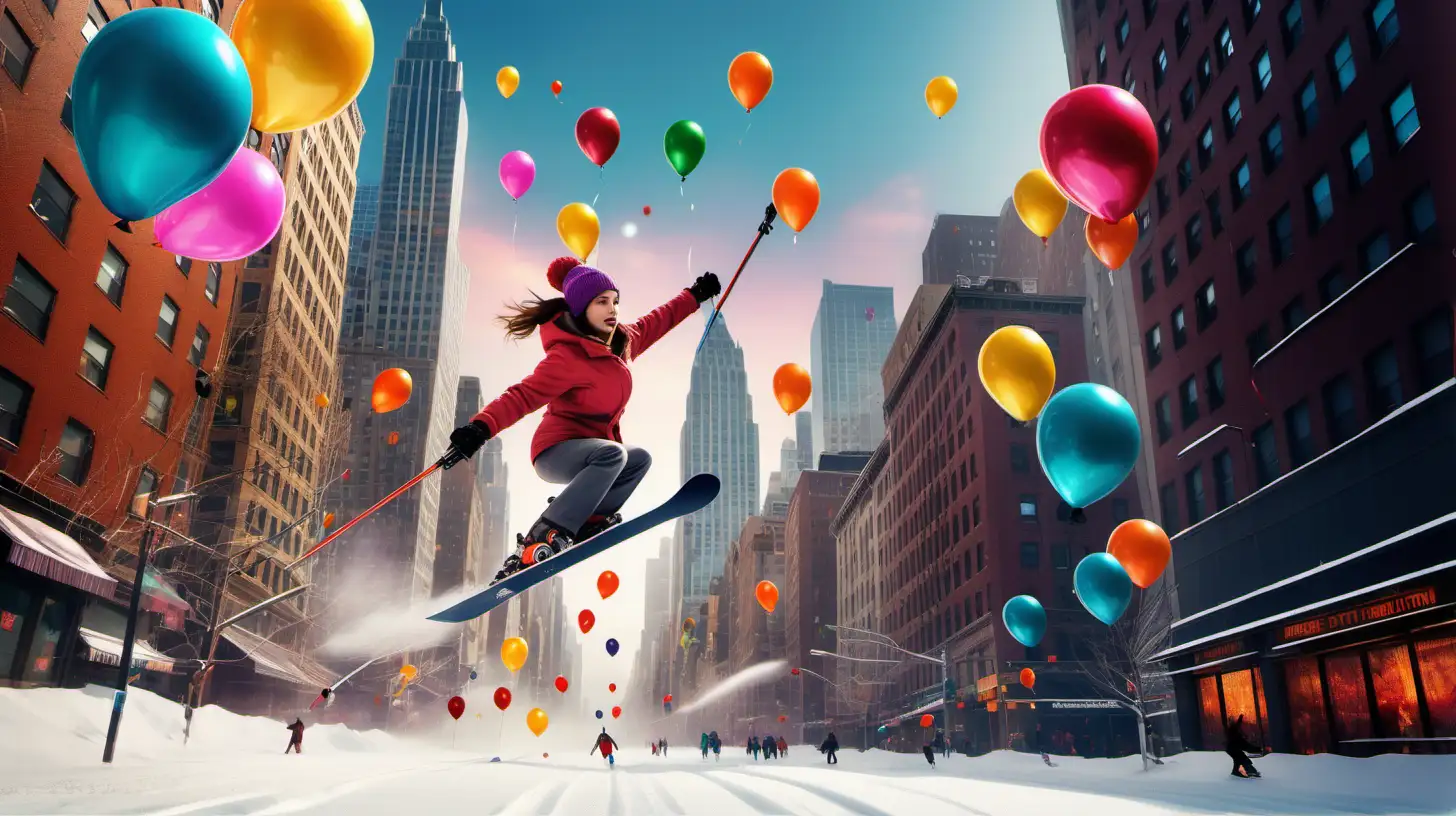 Create a New Year's card from a fictional future where the street in Manhattan is full of snow, colorful balloons of various romantic shapes fall in the background, skyscrapers are in sweet colors, shops have New Year's decorations, the sun is setting in the distance, and in the middle a beautiful and scantily clad young girl is skiing on a snowboard , all in speed and motion --Cinematic haze --powerful action --dynamic movement --intense emotion"