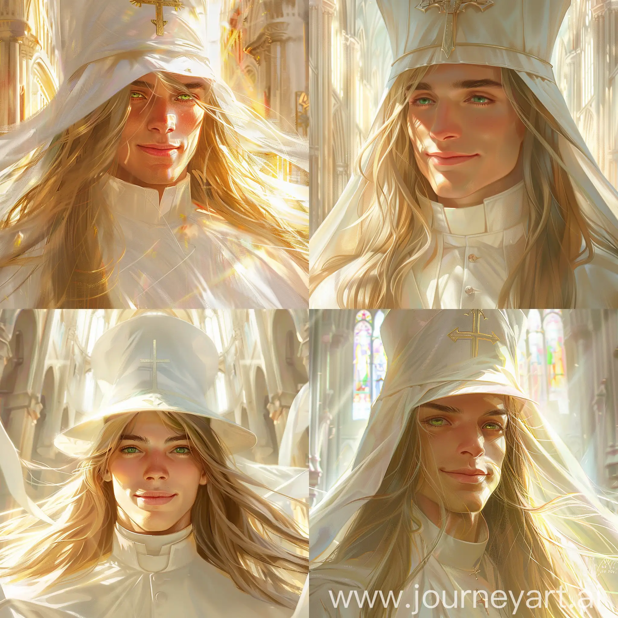 Craft a masterpiece portraying a young male priest bathed in the ethereal light of a cathedral. His long, flowing blonde hair catches the sunlight, as vibrant green eyes emanate kindness from beneath a priestly hat. Enveloped in pristine white robes, his tranquil expression, marked by a closed-lips smile, exudes warmth and serenity