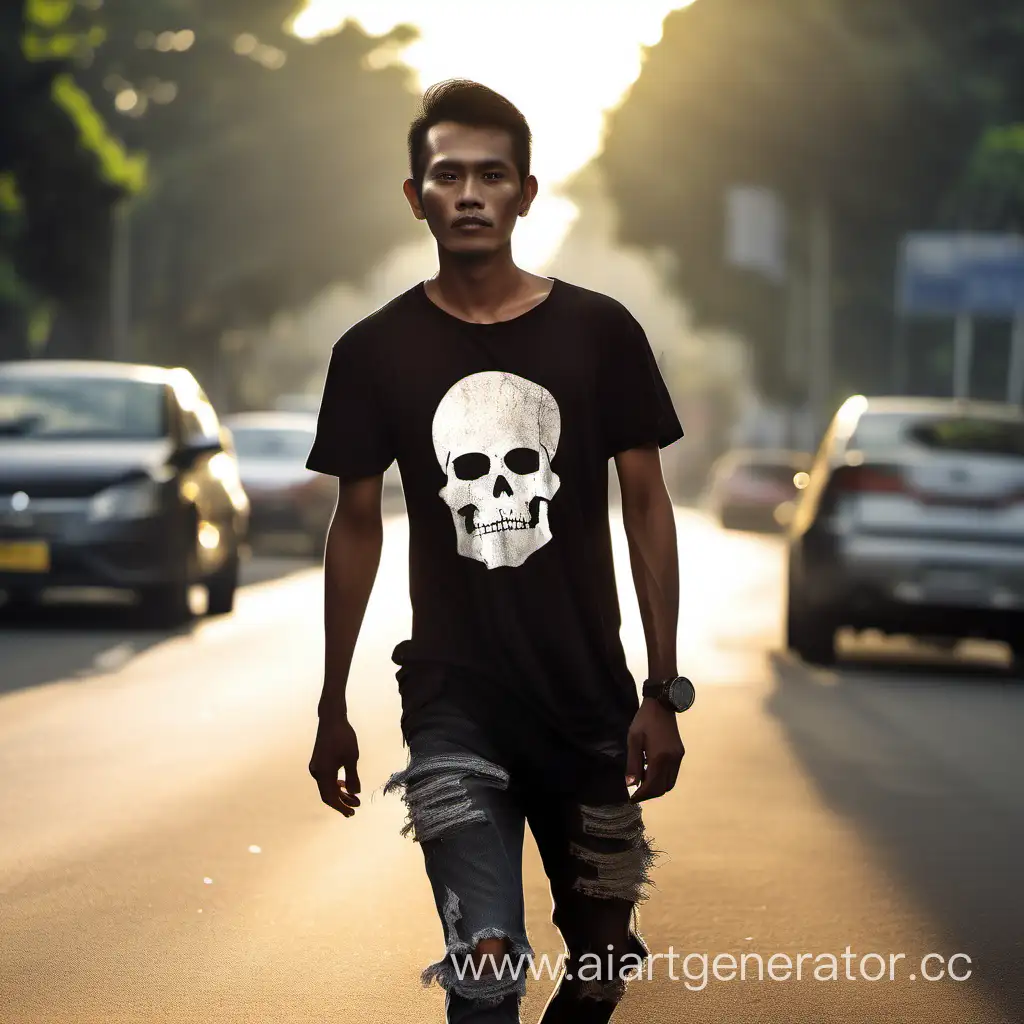 pria indonesia clean face sedang berjalan di pinggir jalan raya memakai celana jeans sobekdan kaos hitam tengkorak..tersorot cahaya matahari backround blur... photograpy