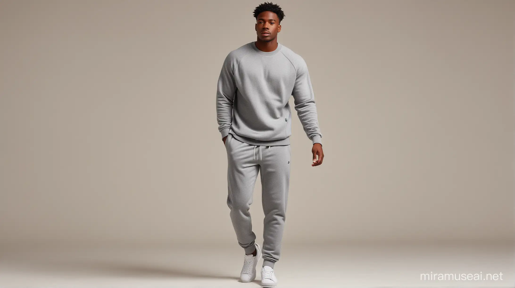 black man model full body with a plain grey crewneck set on and plain jogging pants on