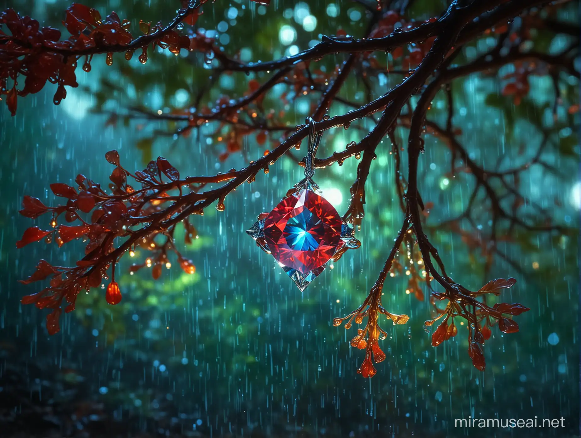 Glowing Gemstone in a Rainy Forest